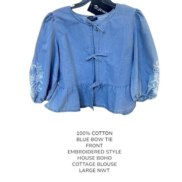 100% COTTON TIE FRONT EMBROIDERED BOHO COTTAGE BLOUSE BY STYLE HOUSE  LARGE NWT - Picture 1 of 7